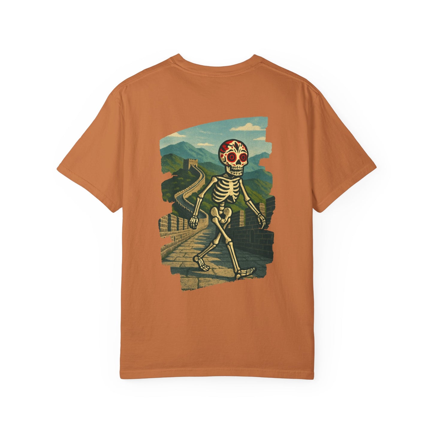 "Dead Walk the Wall" – Skeleton Explorer at the Great Wall Unisex Tee