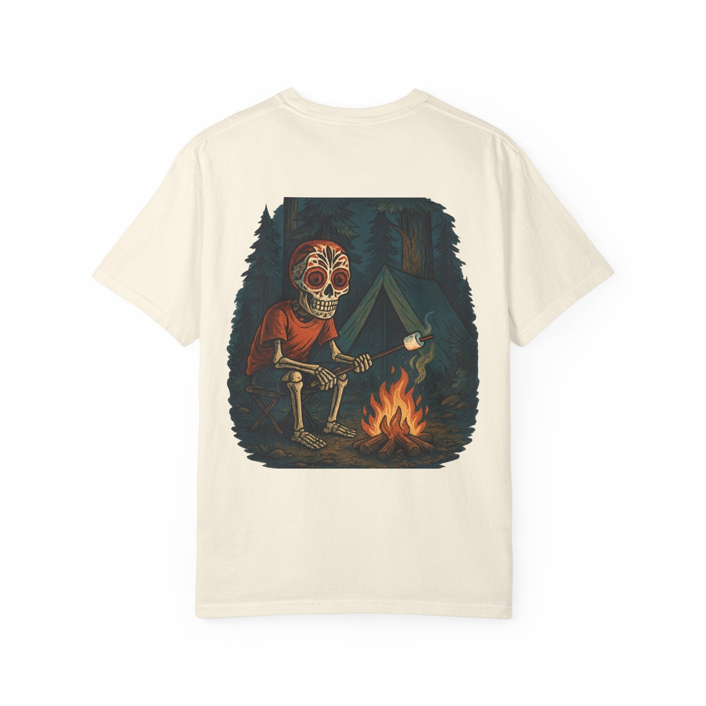 "Campfire & Caskets" – Skeleton Marshmallow Roast Tee
