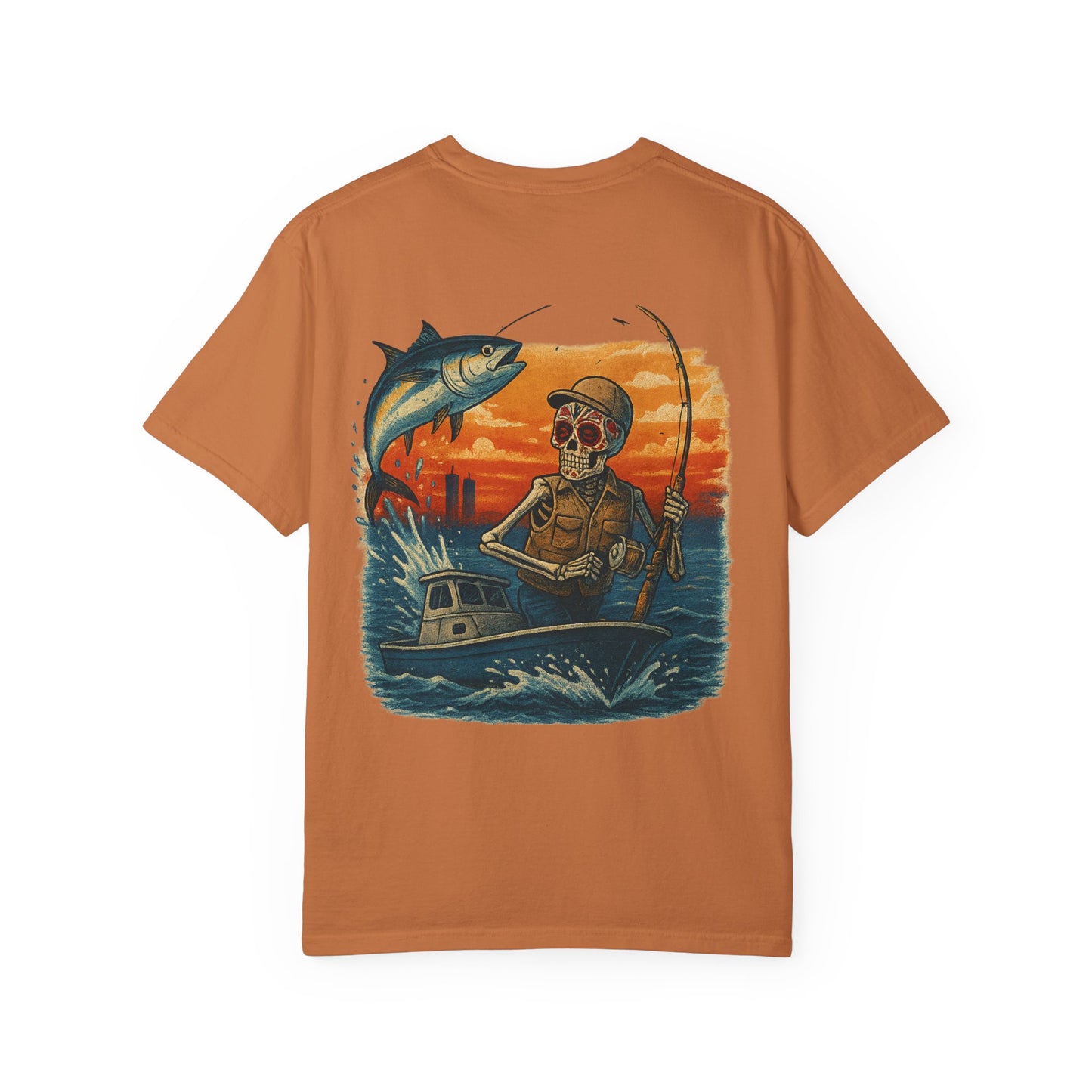 "Hooked to the Grave" – Skeleton Deep Sea Fishing Tee