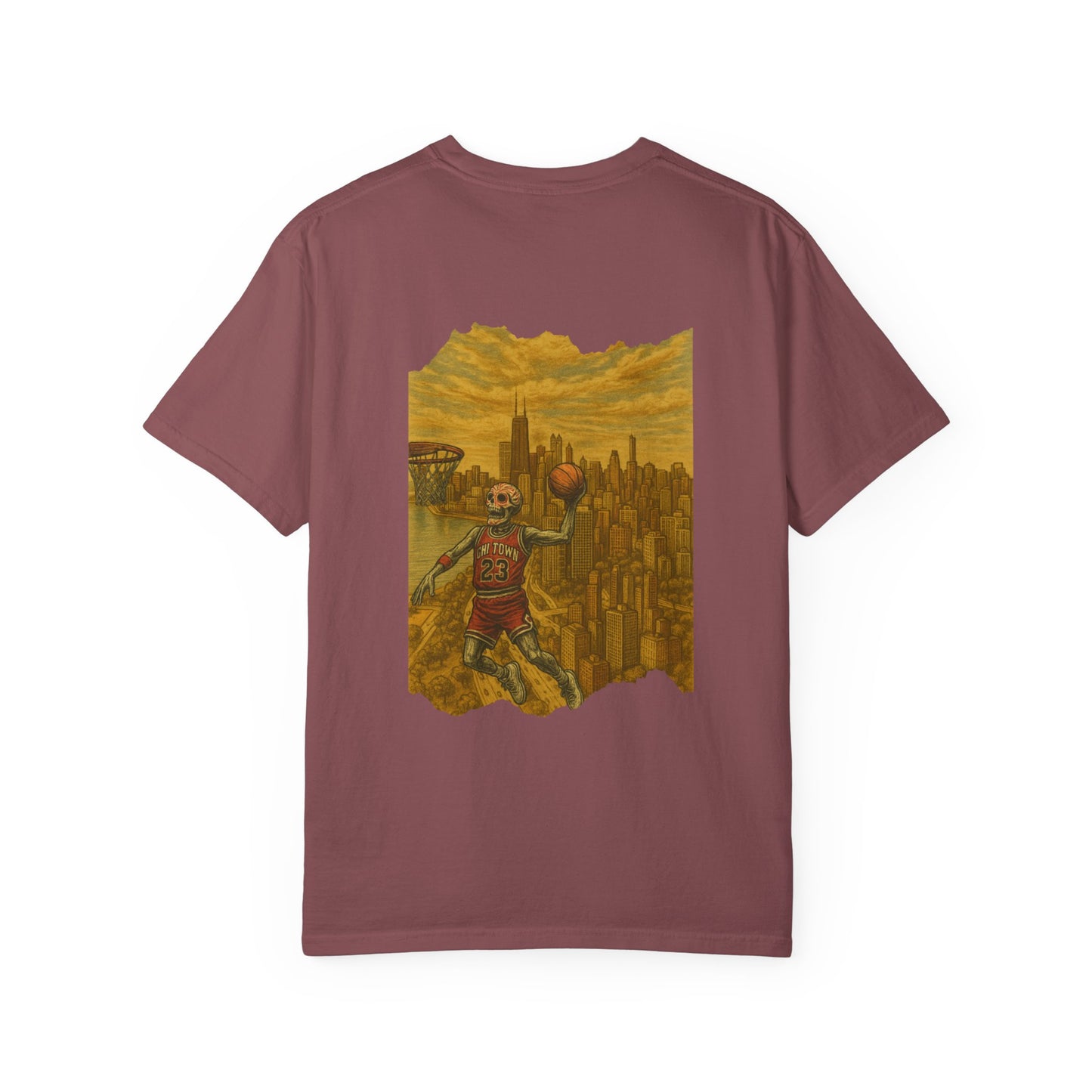 "Flight Never Dies" – Skeleton Dunking Over Chicago Tee