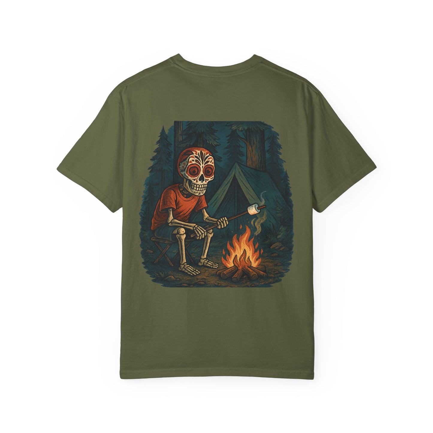 "Campfire & Caskets" – Skeleton Marshmallow Roast Tee