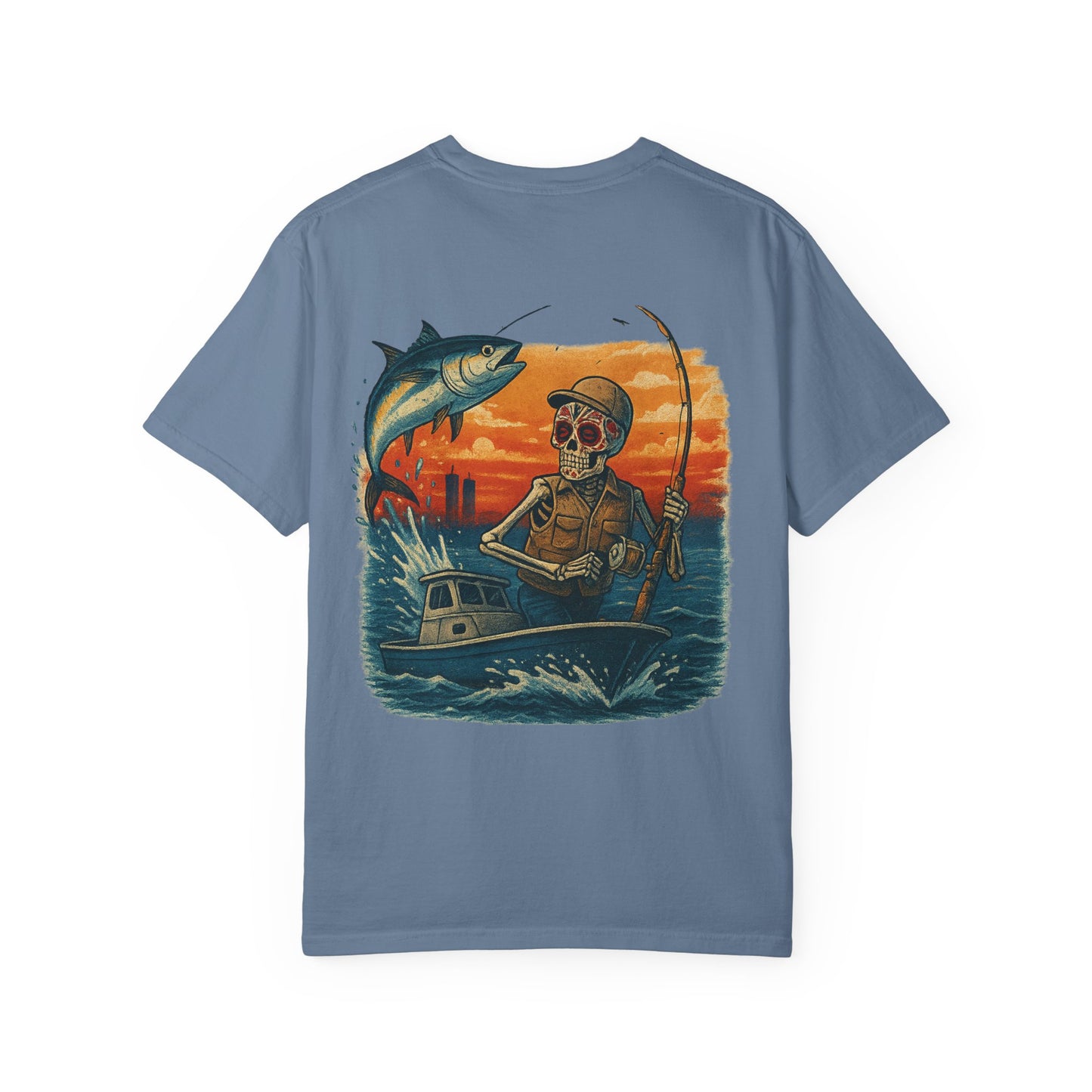 "Hooked to the Grave" – Skeleton Deep Sea Fishing Tee