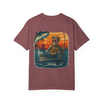 "Hooked to the Grave" – Skeleton Deep Sea Fishing Tee
