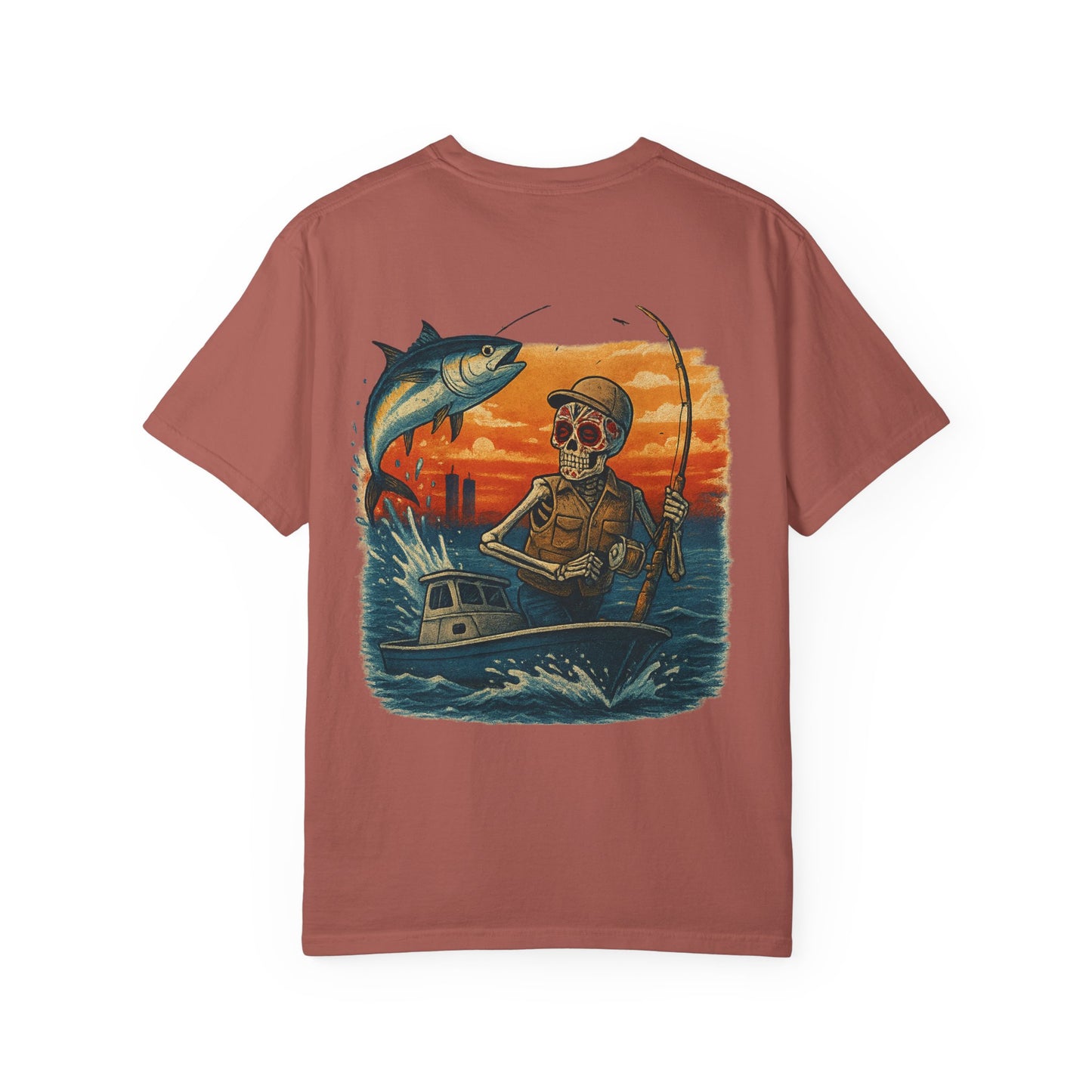 "Hooked to the Grave" – Skeleton Deep Sea Fishing Tee