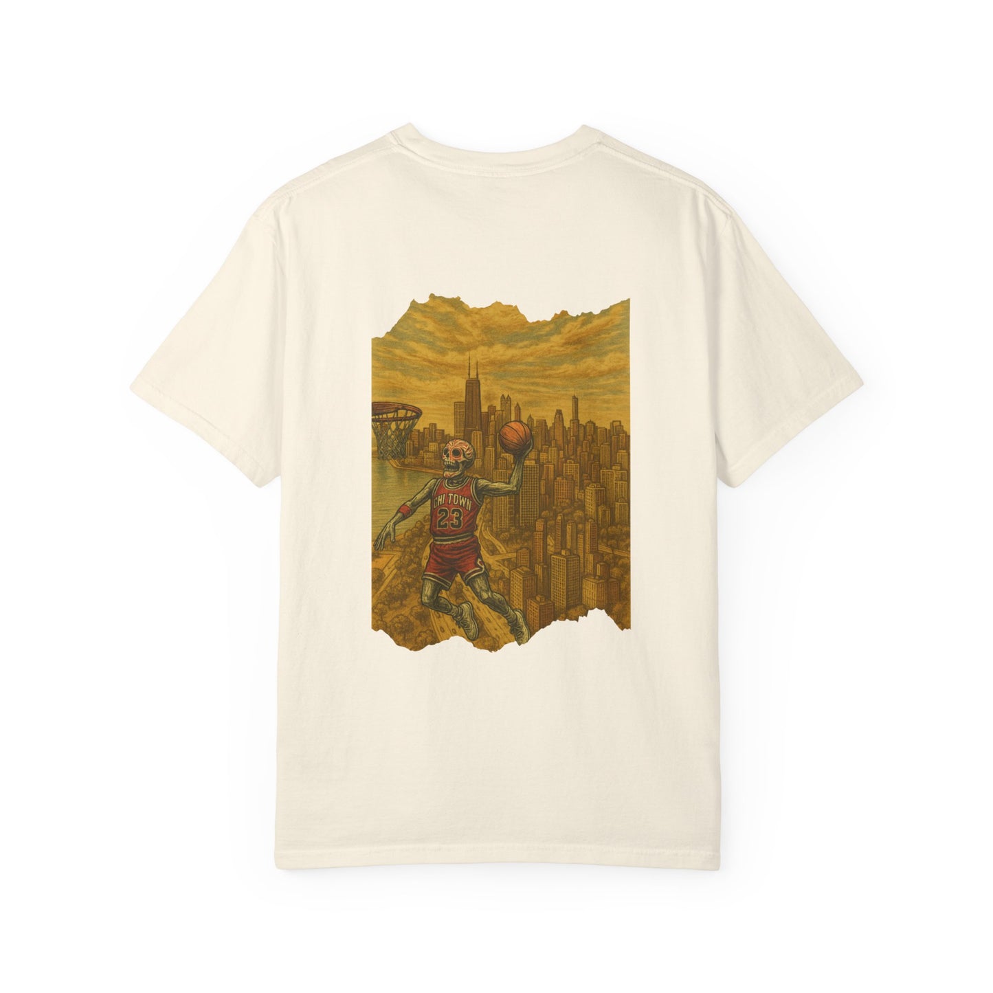 "Flight Never Dies" – Skeleton Dunking Over Chicago Tee