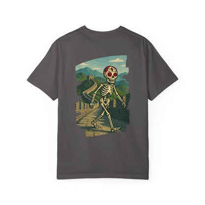 "Dead Walk the Wall" – Skeleton Explorer at the Great Wall Unisex Tee