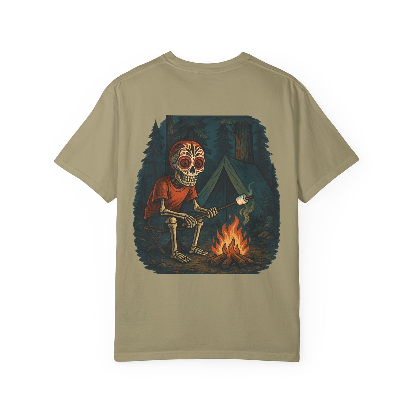 "Campfire & Caskets" – Skeleton Marshmallow Roast Tee