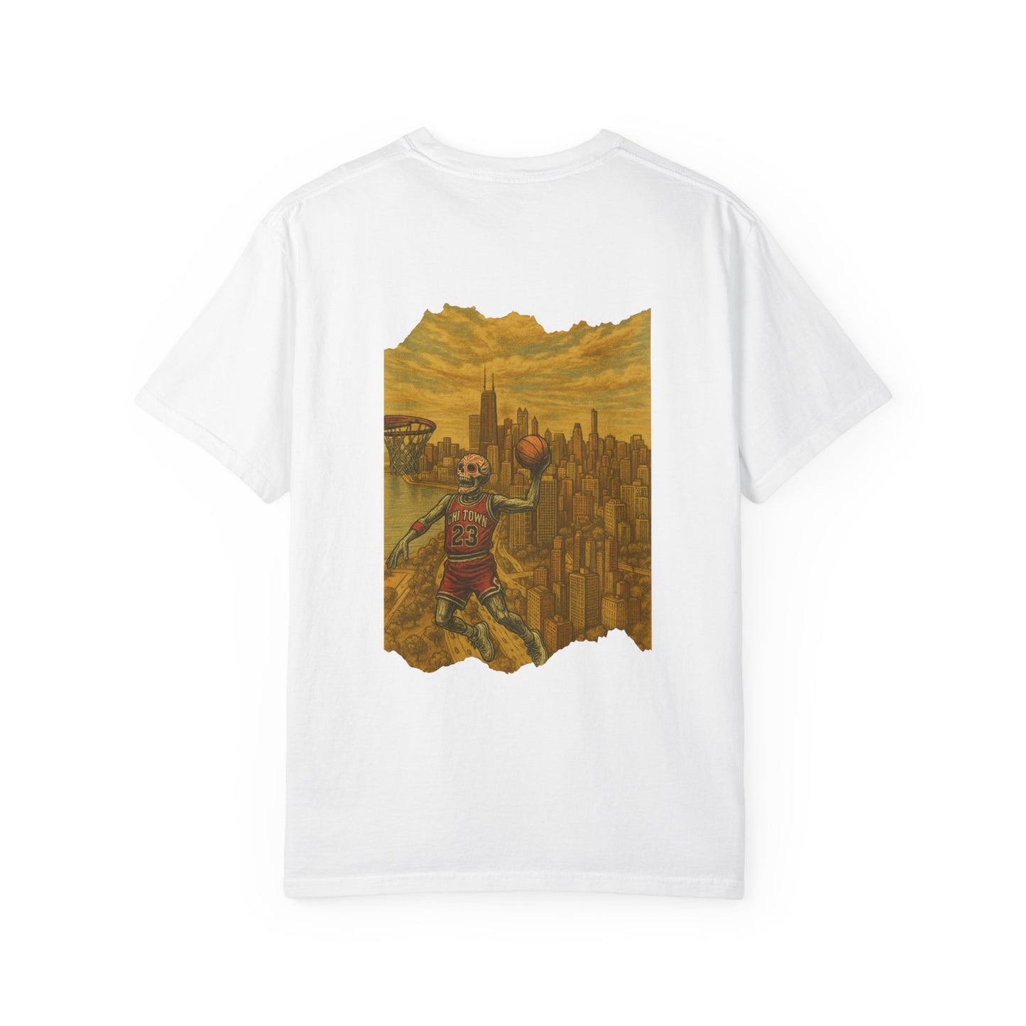 "Flight Never Dies" – Skeleton Dunking Over Chicago Tee