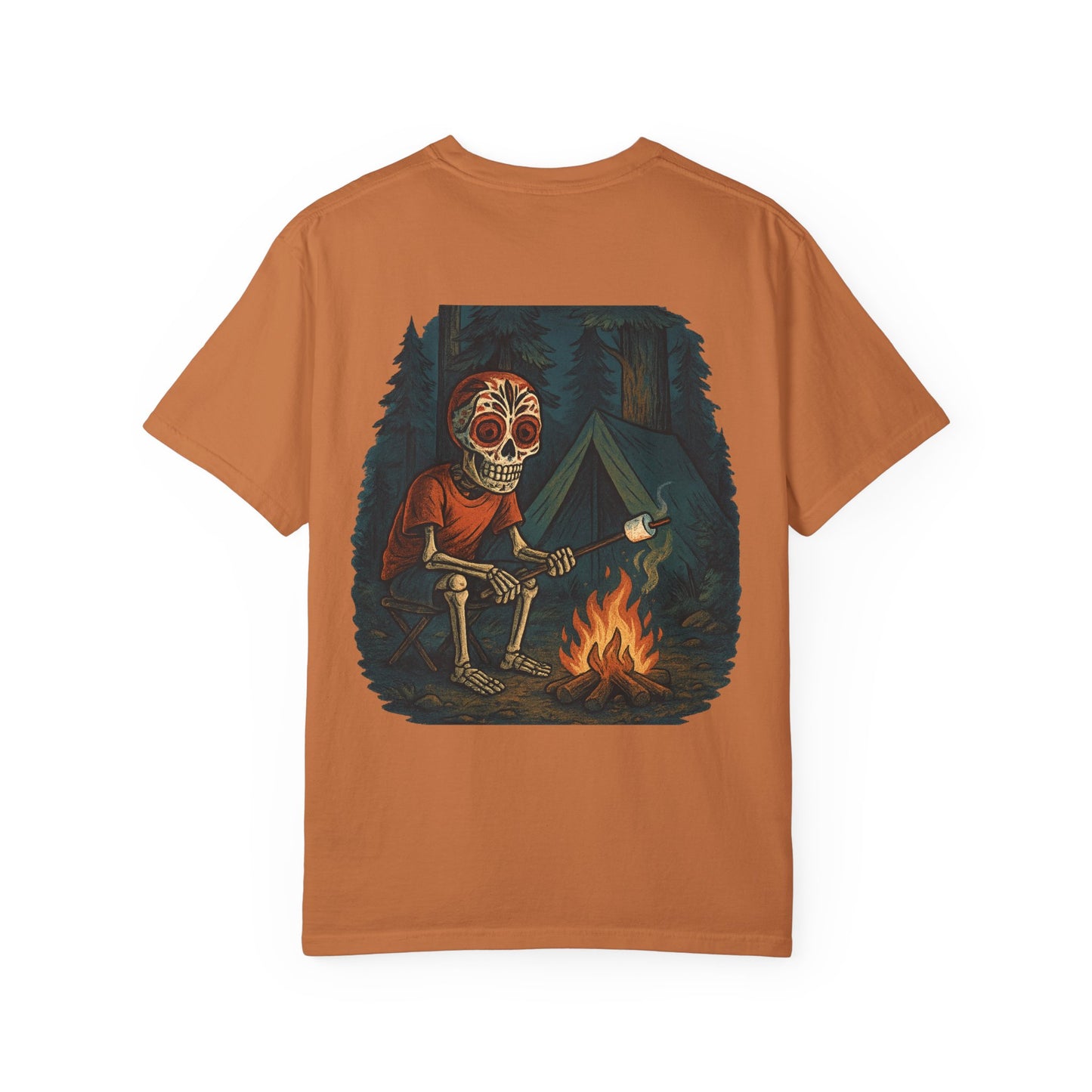 "Campfire & Caskets" – Skeleton Marshmallow Roast Tee