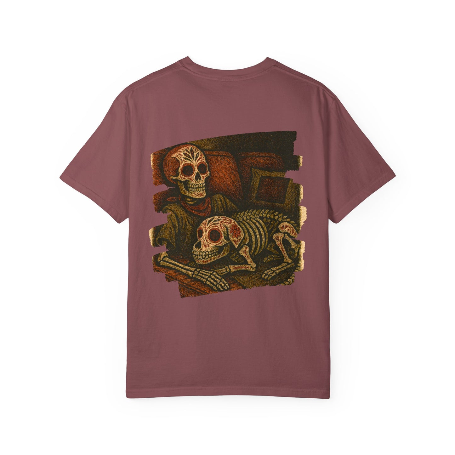 "Rest in Peace, Together" – Skeleton & Dog Couch Chill Tee