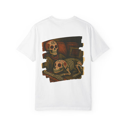 "Rest in Peace, Together" – Skeleton & Dog Couch Chill Tee