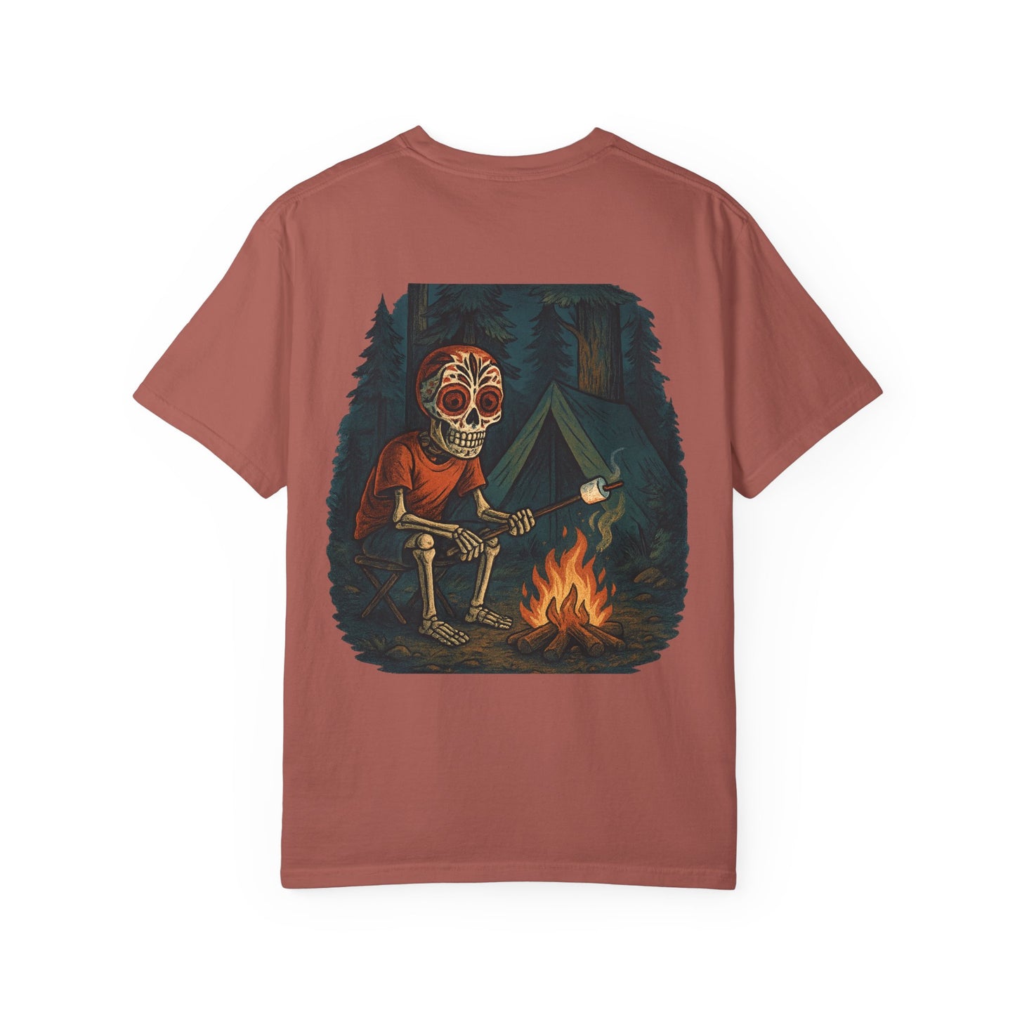 "Campfire & Caskets" – Skeleton Marshmallow Roast Tee