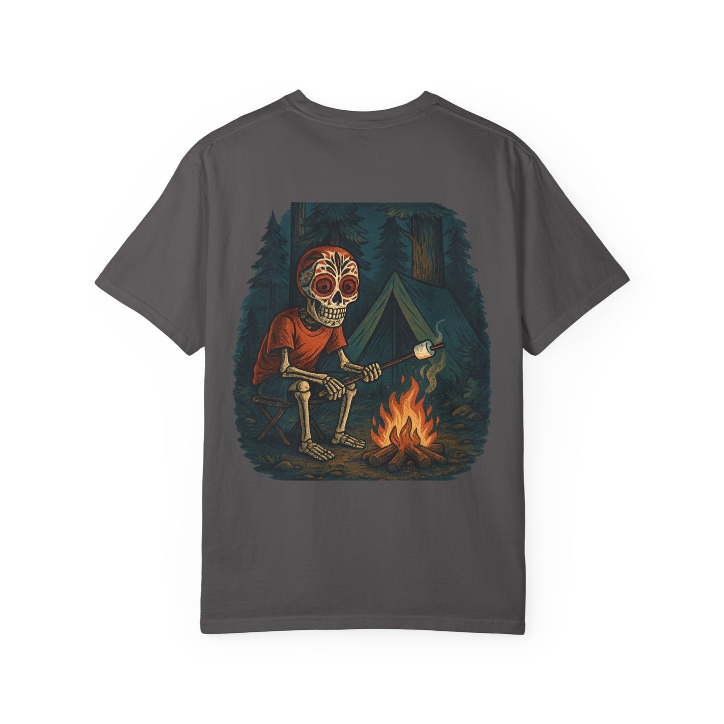 "Campfire & Caskets" – Skeleton Marshmallow Roast Tee