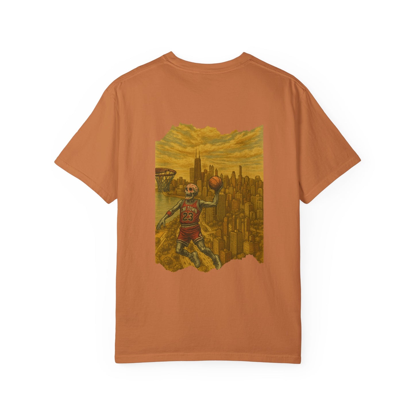 "Flight Never Dies" – Skeleton Dunking Over Chicago Tee