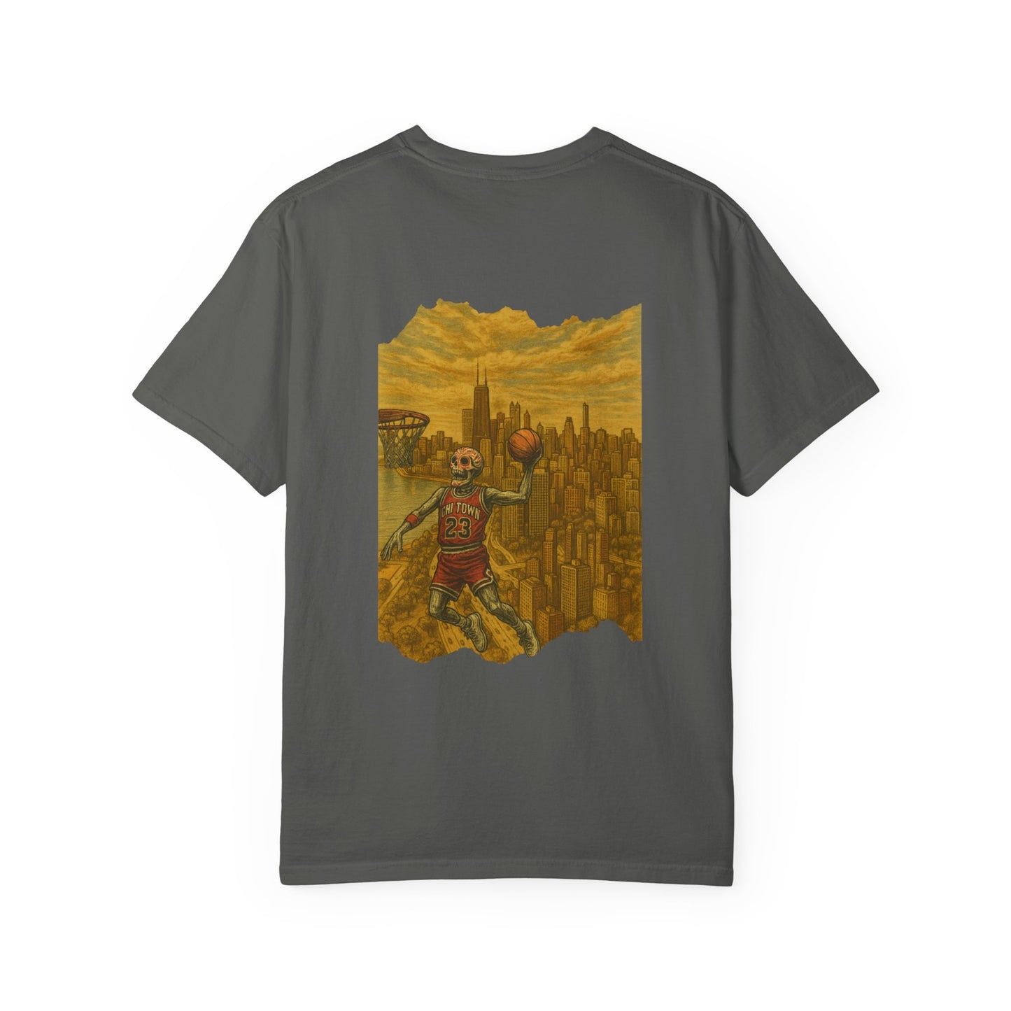 "Flight Never Dies" – Skeleton Dunking Over Chicago Tee