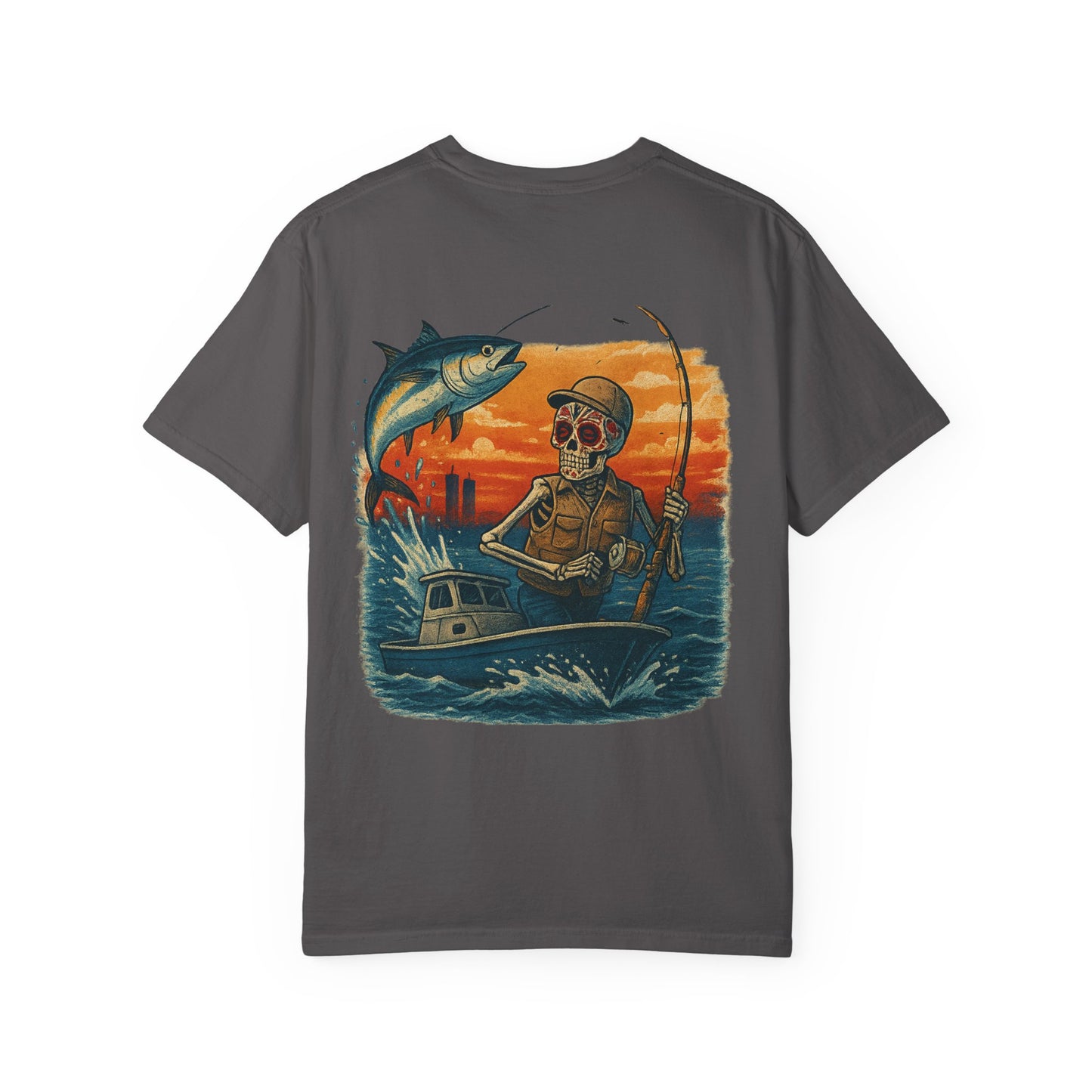 "Hooked to the Grave" – Skeleton Deep Sea Fishing Tee