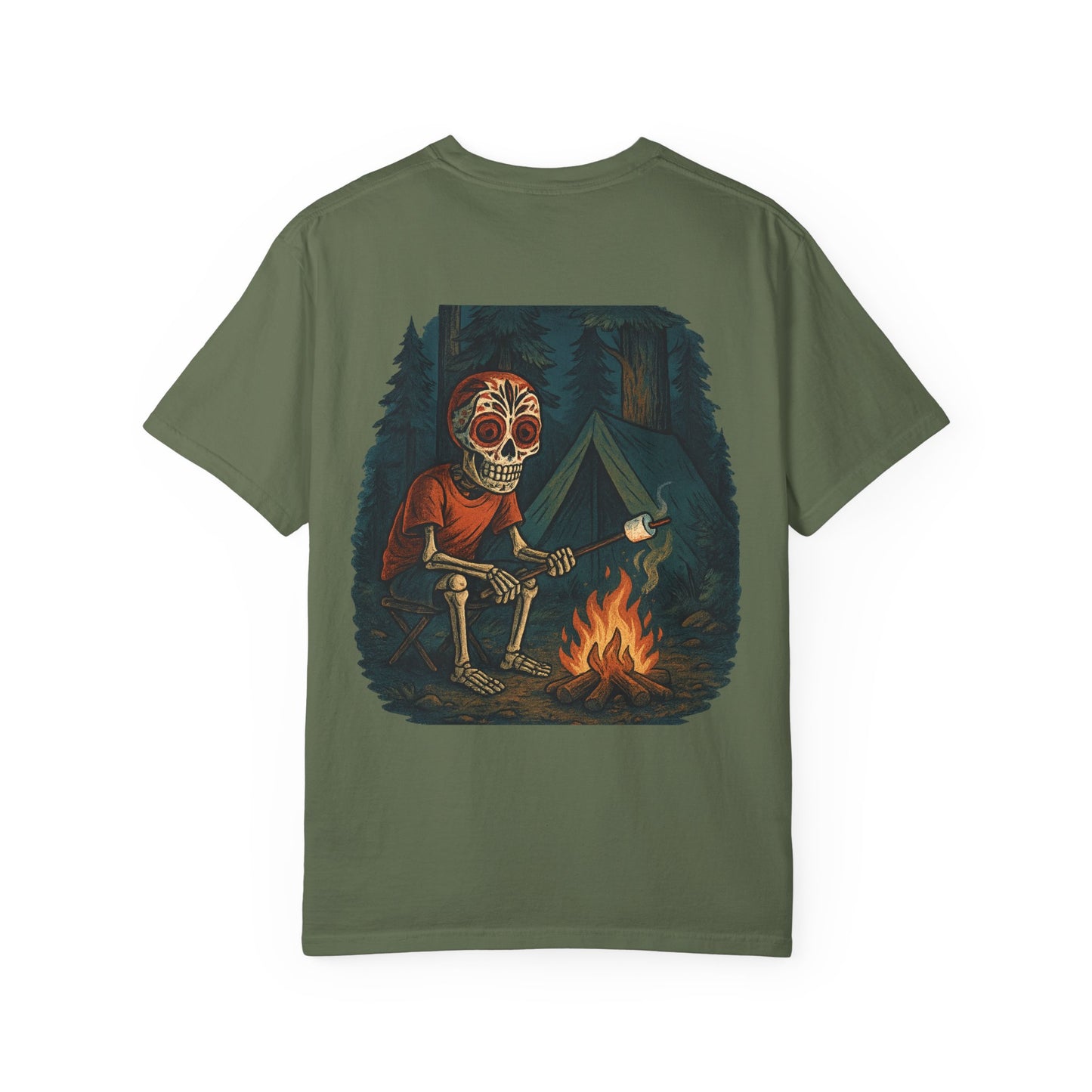 "Campfire & Caskets" – Skeleton Marshmallow Roast Tee