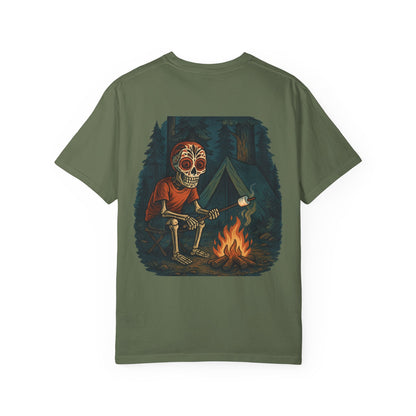 "Campfire & Caskets" – Skeleton Marshmallow Roast Tee
