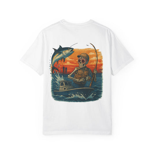 "Hooked to the Grave" – Skeleton Deep Sea Fishing Tee